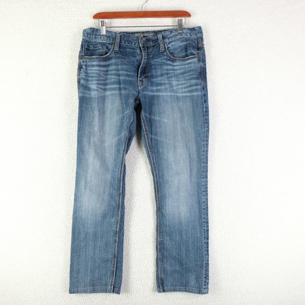 Buckle Jeans Mens 33x30 Blue Jake Straight Leg Stone Wash Whiskers Stretch BKE